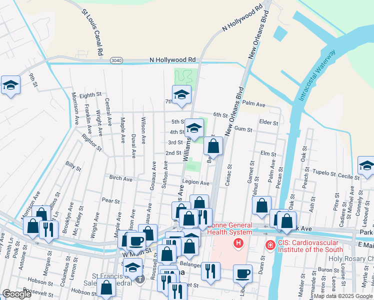 map of restaurants, bars, coffee shops, grocery stores, and more near 710 Williams Avenue in Houma