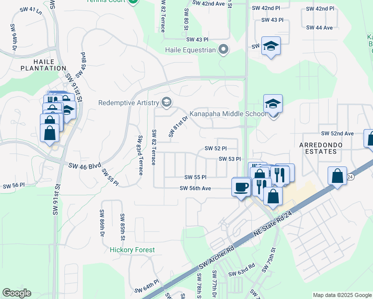 map of restaurants, bars, coffee shops, grocery stores, and more near 7932 Southwest 53 Place in Gainesville