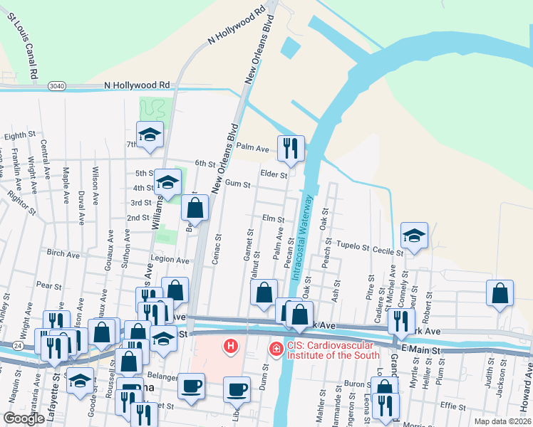 map of restaurants, bars, coffee shops, grocery stores, and more near 821 Elm Street in Houma