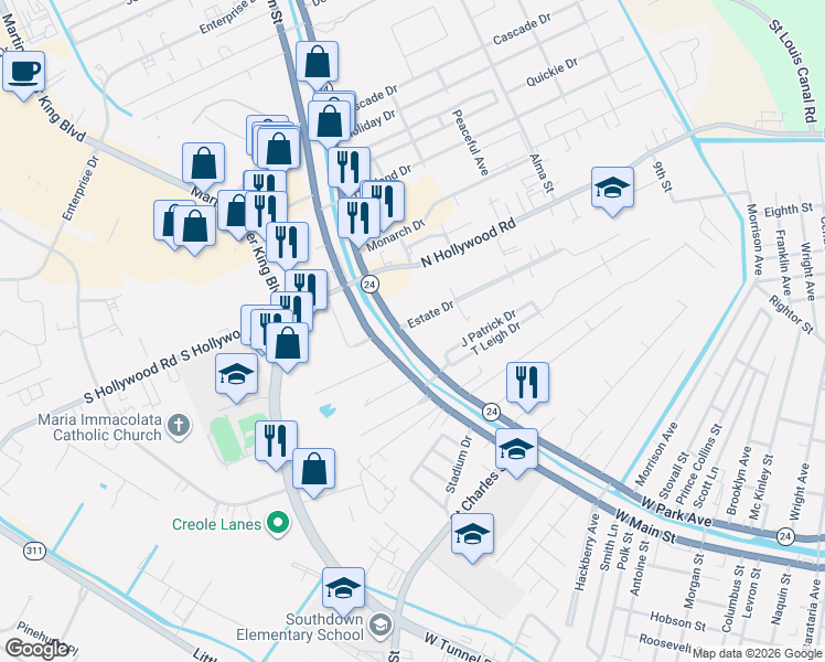 map of restaurants, bars, coffee shops, grocery stores, and more near 101-199 Estate Drive in Houma