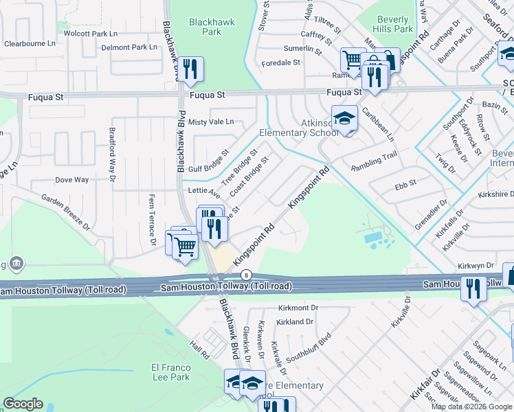 map of restaurants, bars, coffee shops, grocery stores, and more near 9486 Carmalee Street in Houston