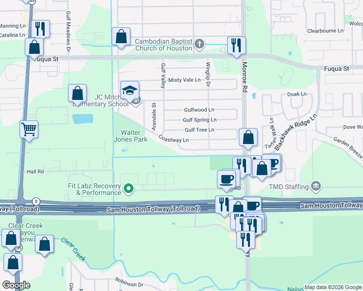 map of restaurants, bars, coffee shops, grocery stores, and more near 8223 Coastway Lane in Houston