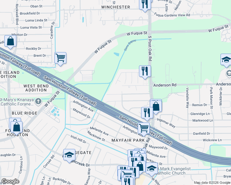 map of restaurants, bars, coffee shops, grocery stores, and more near 5701 Anderson Road in Houston
