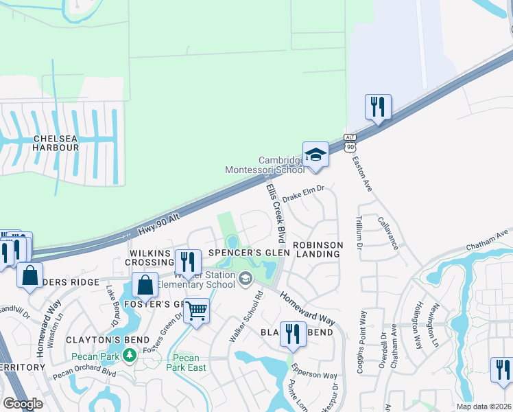 map of restaurants, bars, coffee shops, grocery stores, and more near 150 Ellis Creek Boulevard in Sugar Land