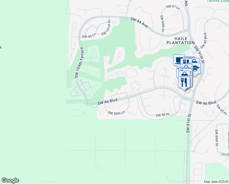 map of restaurants, bars, coffee shops, grocery stores, and more near 10030 Southwest 52nd Road in Gainesville