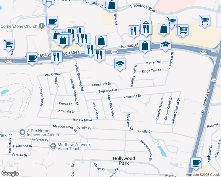 map of restaurants, bars, coffee shops, grocery stores, and more near 100 Grand Oak Drive in San Antonio