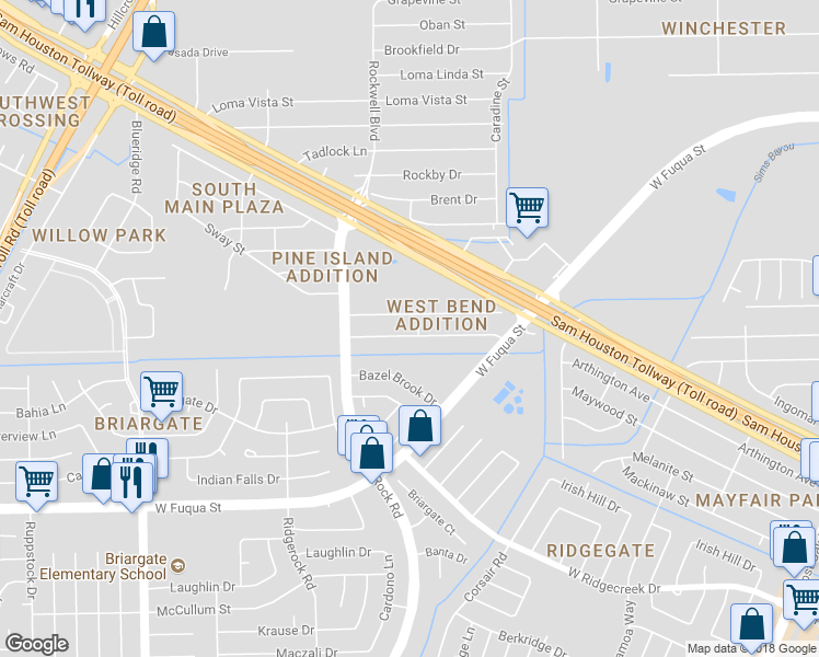 map of restaurants, bars, coffee shops, grocery stores, and more near 6426 West Bend Street in Houston
