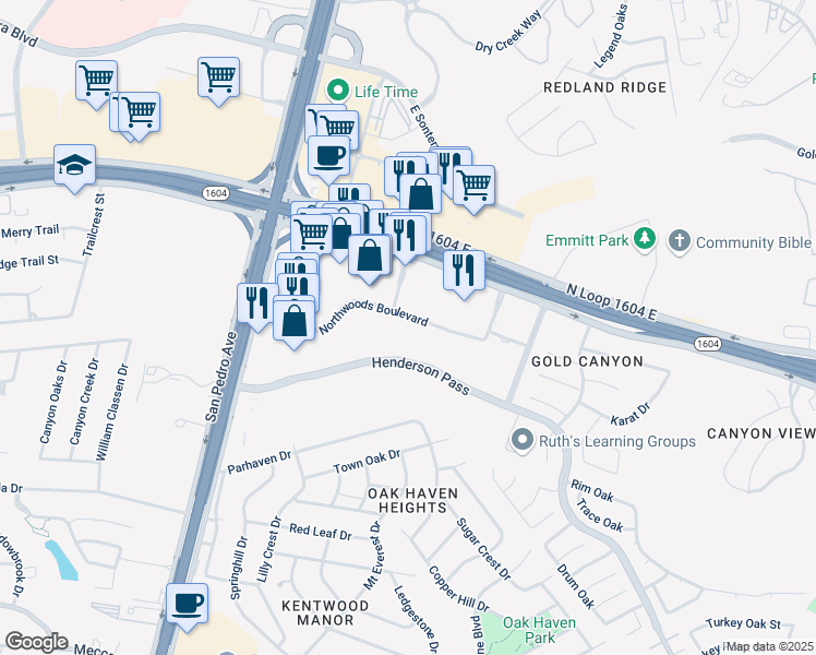 map of restaurants, bars, coffee shops, grocery stores, and more near 17530 Henderson Pass in San Antonio