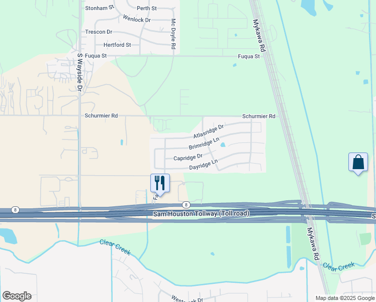 map of restaurants, bars, coffee shops, grocery stores, and more near 6507 Brimridge Lane in Houston
