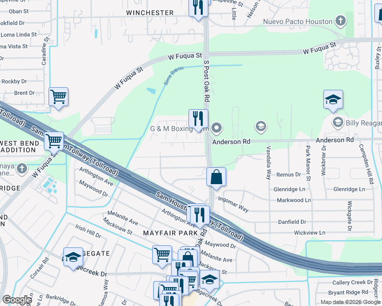 map of restaurants, bars, coffee shops, grocery stores, and more near 5525 Anderson Road in Houston