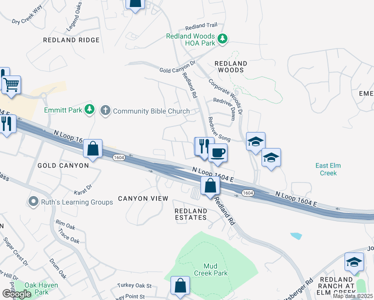 map of restaurants, bars, coffee shops, grocery stores, and more near 2703 Redstone Woods in San Antonio