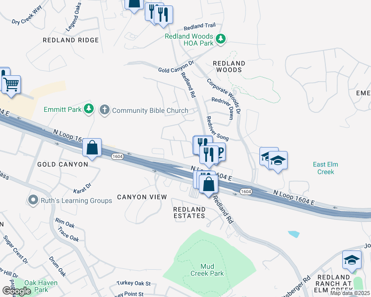 map of restaurants, bars, coffee shops, grocery stores, and more near 2703 Redstone Woods in San Antonio