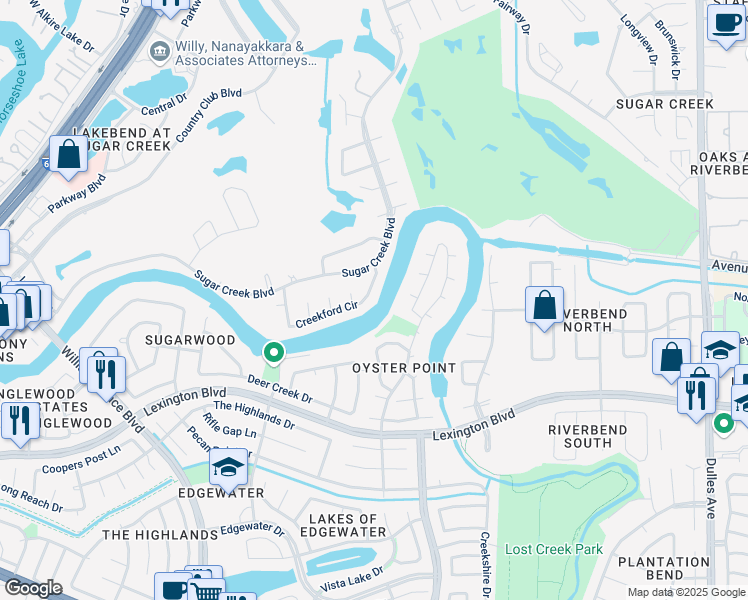 map of restaurants, bars, coffee shops, grocery stores, and more near 1223 Creekford Circle in Sugar Land