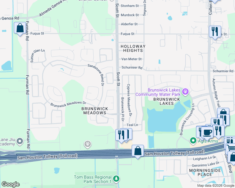 map of restaurants, bars, coffee shops, grocery stores, and more near Brunswick Crossing Trace Lane in Houston