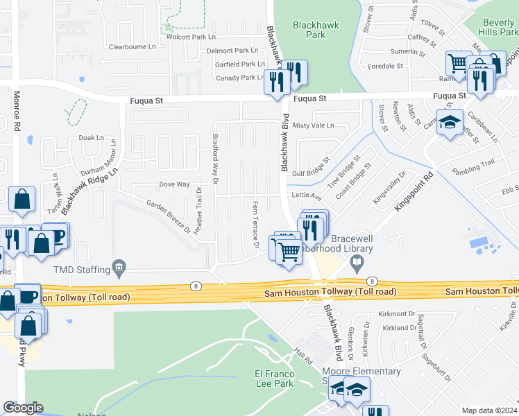 map of restaurants, bars, coffee shops, grocery stores, and more near 11015 Fern Terrace Drive in Houston