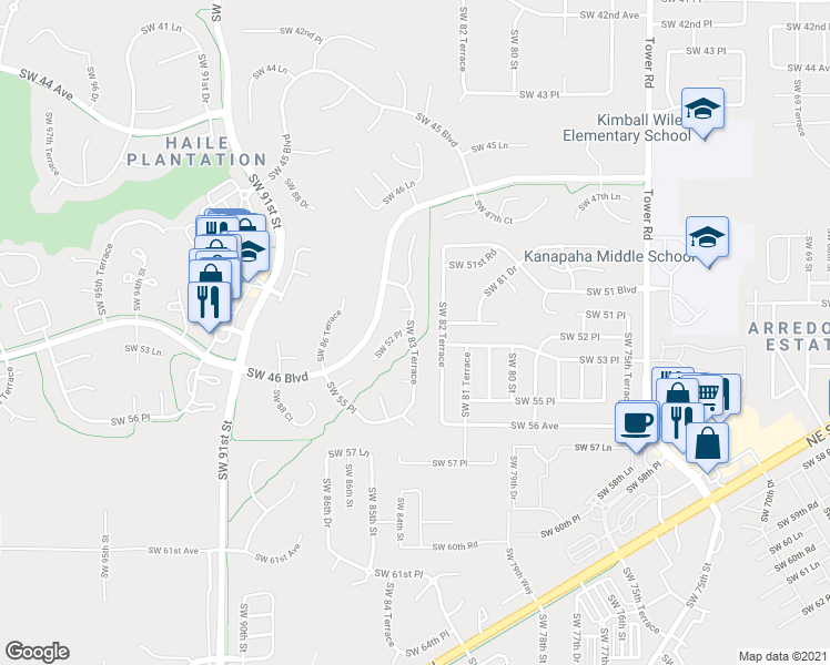 map of restaurants, bars, coffee shops, grocery stores, and more near 5215 Southwest 83 Terrace in Gainesville