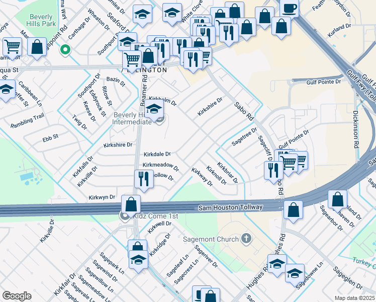 map of restaurants, bars, coffee shops, grocery stores, and more near 10219 Kirkhill Drive in Houston