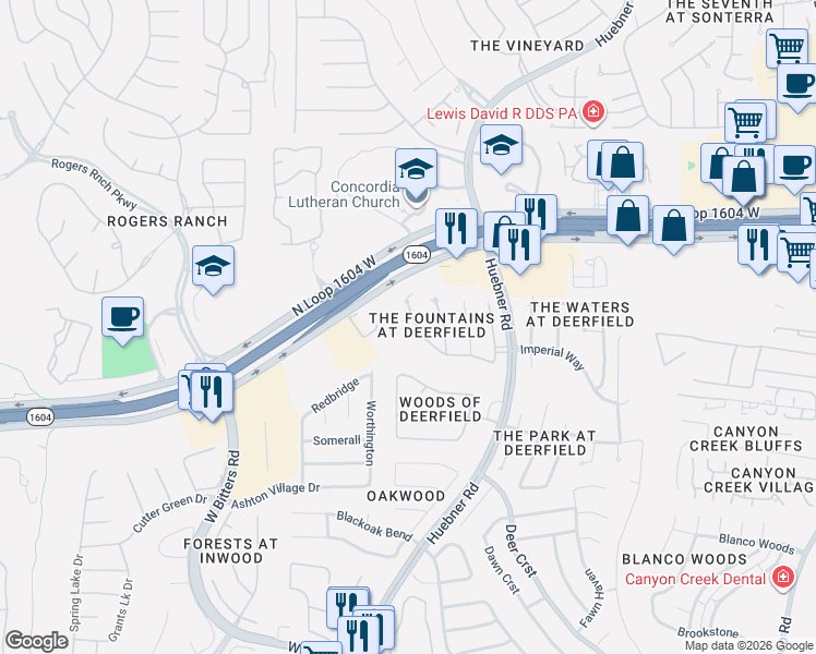 map of restaurants, bars, coffee shops, grocery stores, and more near 2334 Fountain Way in San Antonio