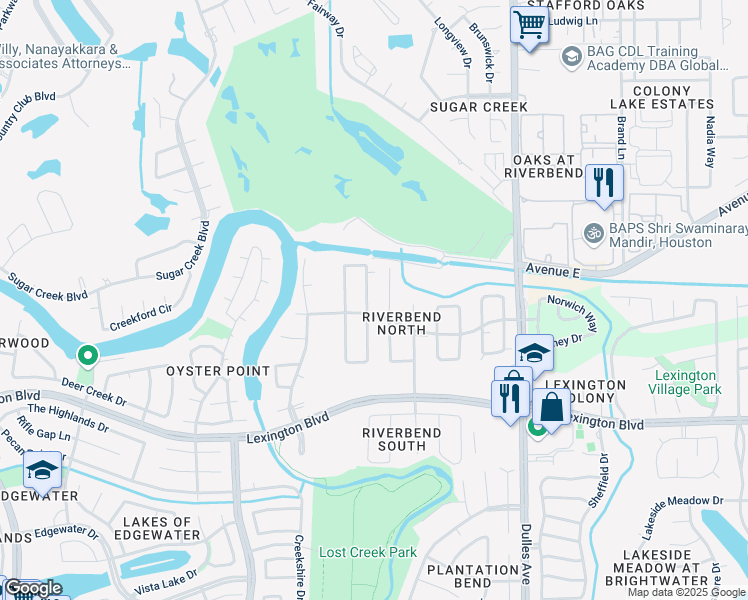 map of restaurants, bars, coffee shops, grocery stores, and more near 1315 North Medio River Circle in Sugar Land