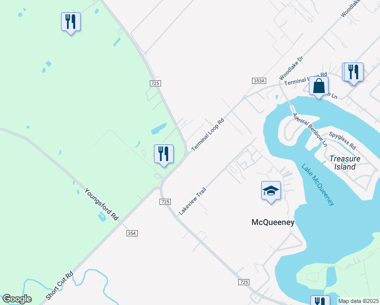 map of restaurants, bars, coffee shops, grocery stores, and more near FM 725 in McQueeney