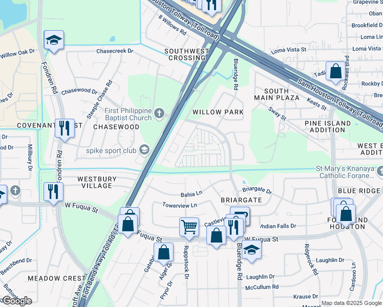 map of restaurants, bars, coffee shops, grocery stores, and more near 7139 Chasewood Drive in Missouri City