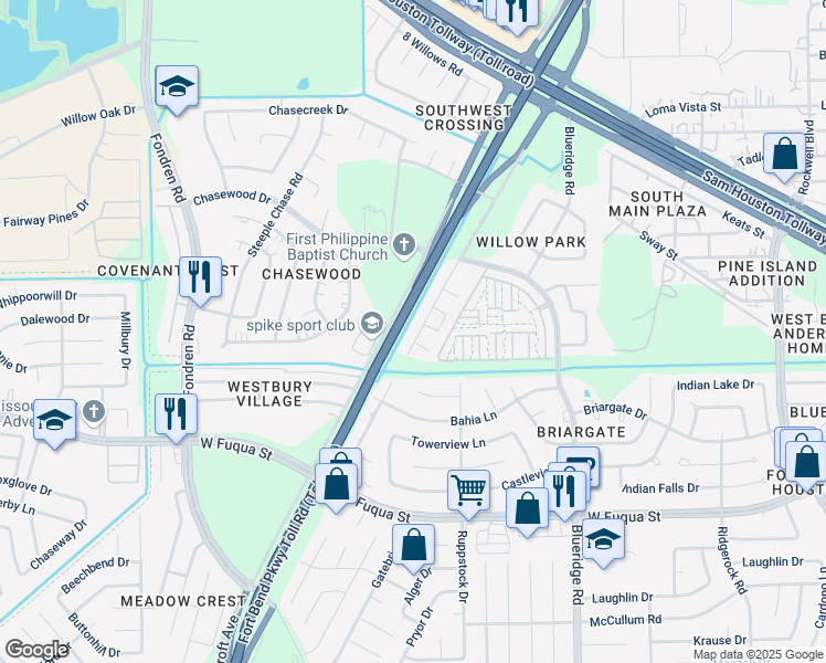 map of restaurants, bars, coffee shops, grocery stores, and more near 15210 Briarcraft Drive in Missouri City