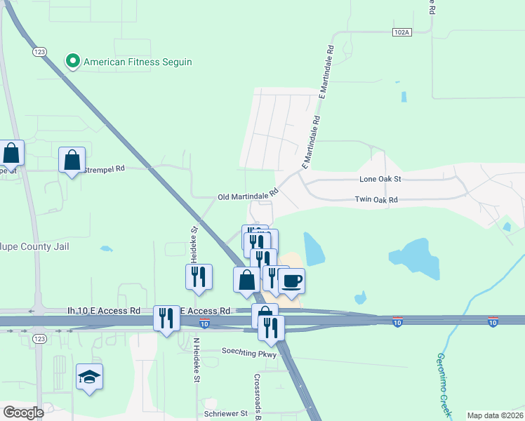 map of restaurants, bars, coffee shops, grocery stores, and more near 123 Texas 123 in Seguin