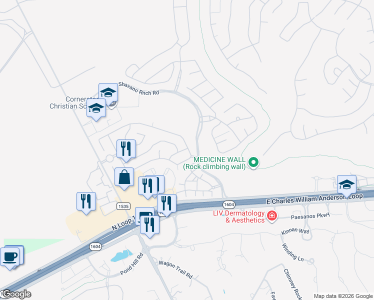 map of restaurants, bars, coffee shops, grocery stores, and more near 17922 Muir Glen Drive in San Antonio
