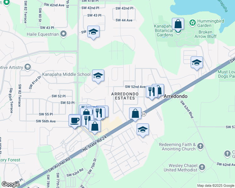 map of restaurants, bars, coffee shops, grocery stores, and more near 5219 Southwest 70th Terrace in Gainesville