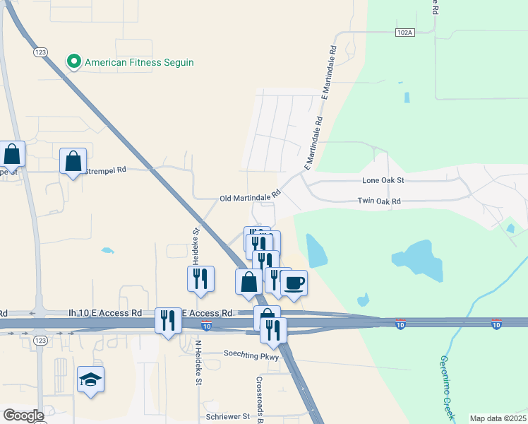 map of restaurants, bars, coffee shops, grocery stores, and more near 3063 North Highway 123 Bypass in Seguin