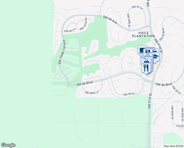 map of restaurants, bars, coffee shops, grocery stores, and more near 10030 Southwest 52nd Road in Gainesville