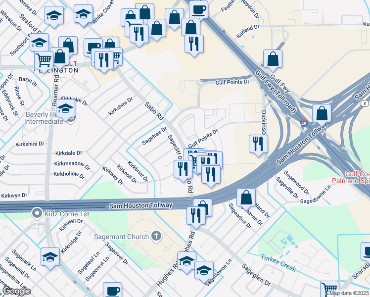 map of restaurants, bars, coffee shops, grocery stores, and more near Sabo Rd & Gulf Pointe Dr in Houston