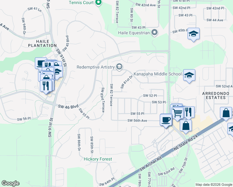 map of restaurants, bars, coffee shops, grocery stores, and more near 5220 Southwest 81 Drive in Gainesville