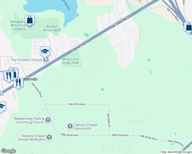 map of restaurants, bars, coffee shops, grocery stores, and more near 5211 Southwest 52nd Terrace in Gainesville