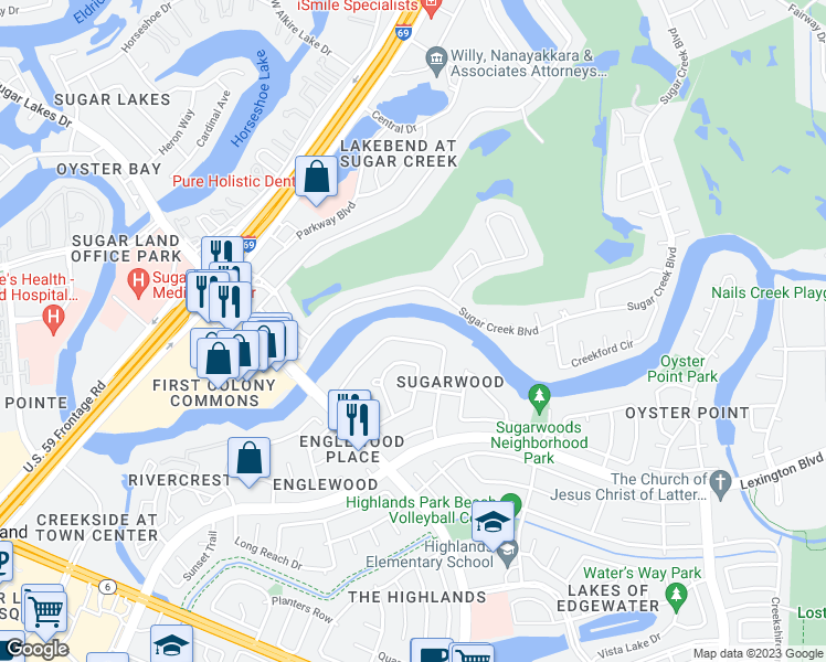 map of restaurants, bars, coffee shops, grocery stores, and more near 1689 Creekside Drive in Sugar Land