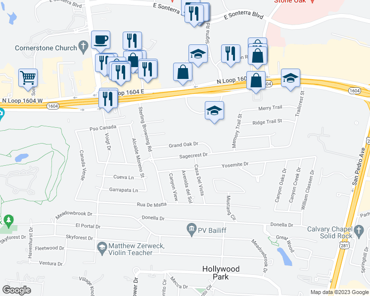 map of restaurants, bars, coffee shops, grocery stores, and more near 116 Grand Oak Drive in San Antonio