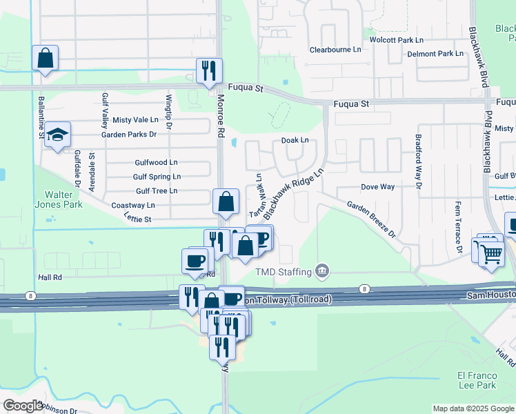 map of restaurants, bars, coffee shops, grocery stores, and more near 8646 Tartan Walk Lane in Houston