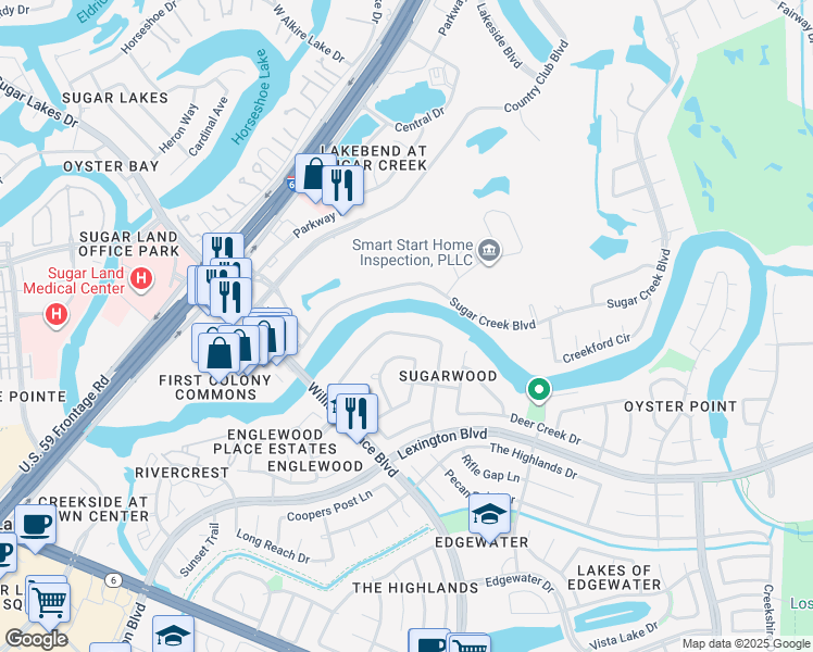 map of restaurants, bars, coffee shops, grocery stores, and more near 1689 Creekside Drive in Sugar Land