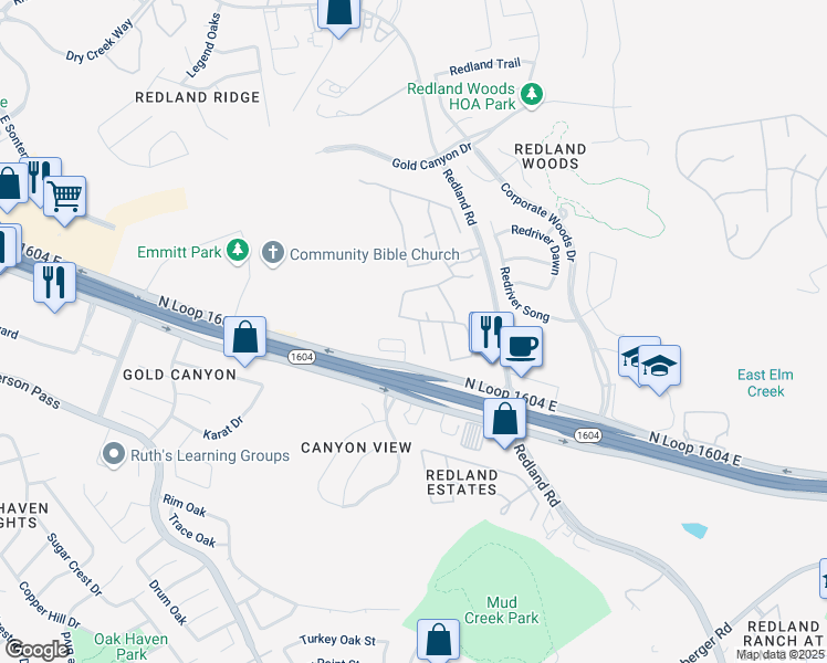 map of restaurants, bars, coffee shops, grocery stores, and more near 18026 Cerca Rojo Drive in San Antonio