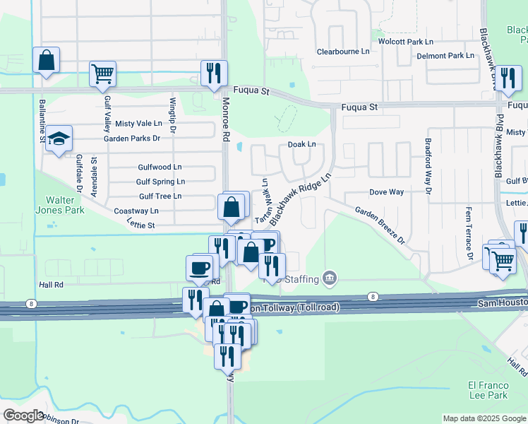 map of restaurants, bars, coffee shops, grocery stores, and more near 8646 Tartan Walk Lane in Houston