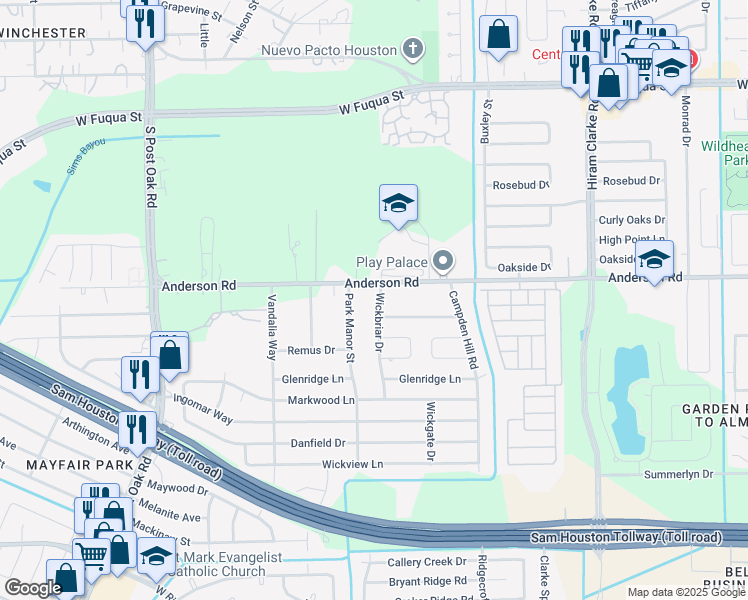 map of restaurants, bars, coffee shops, grocery stores, and more near 15214 Wickbriar Drive in Houston