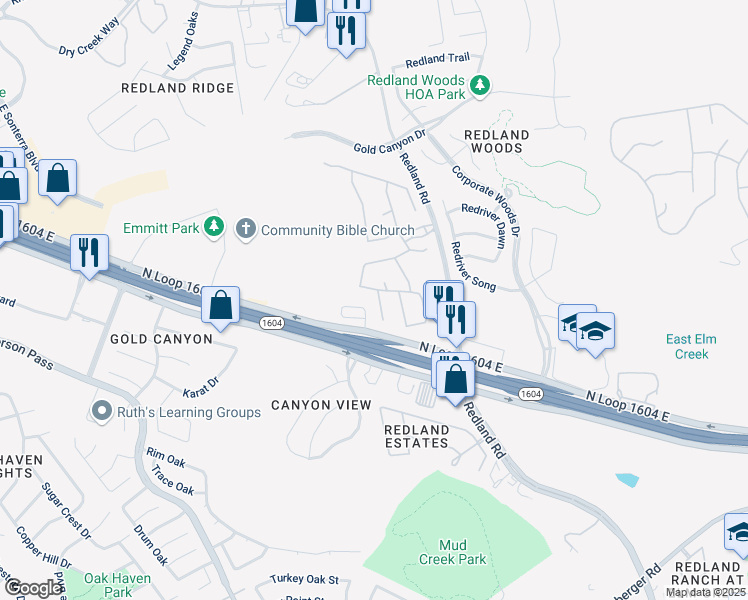 map of restaurants, bars, coffee shops, grocery stores, and more near 18026 Cerca Rojo Drive in San Antonio
