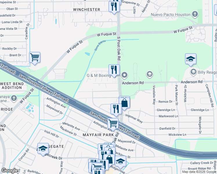 map of restaurants, bars, coffee shops, grocery stores, and more near 5525 Anderson Road in Houston
