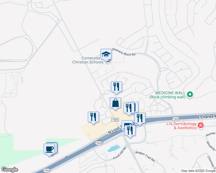 map of restaurants, bars, coffee shops, grocery stores, and more near 17910 Camino Grande in San Antonio