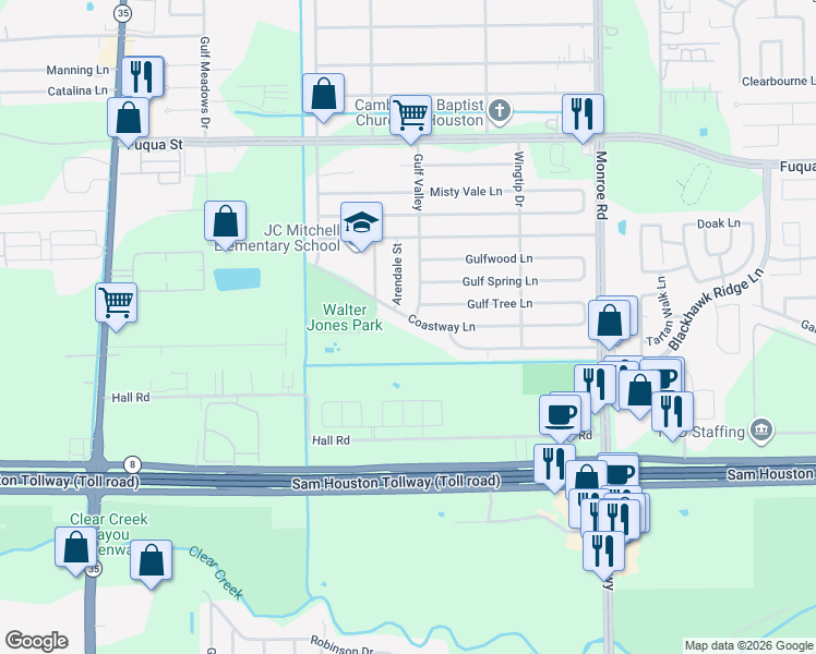 map of restaurants, bars, coffee shops, grocery stores, and more near 8122 Coastway Ln in Houston