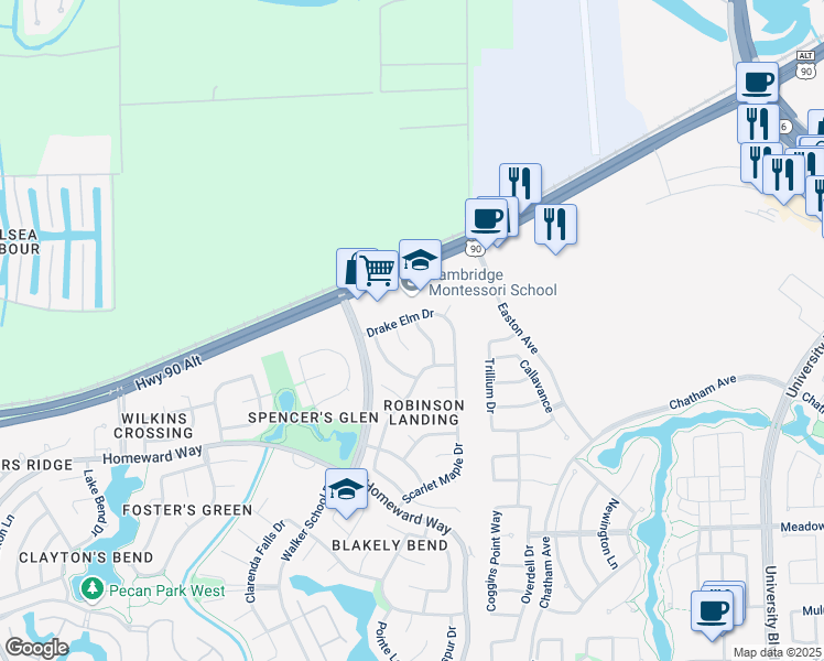 map of restaurants, bars, coffee shops, grocery stores, and more near 202 Needleleaf Lane in Sugar Land