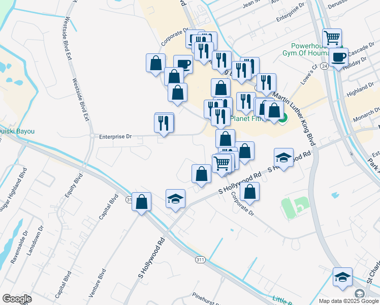 map of restaurants, bars, coffee shops, grocery stores, and more near 423 Belmere Luxury Court in Houma