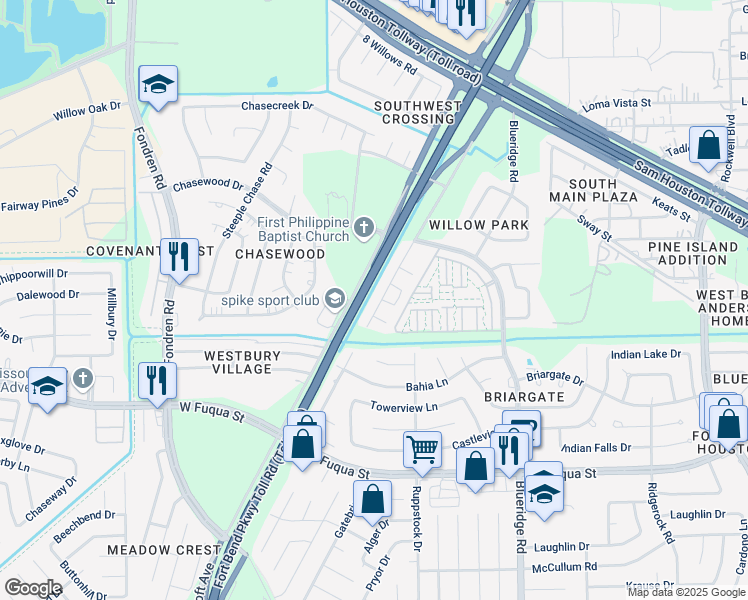 map of restaurants, bars, coffee shops, grocery stores, and more near 15210 Briarcraft Drive in Missouri City