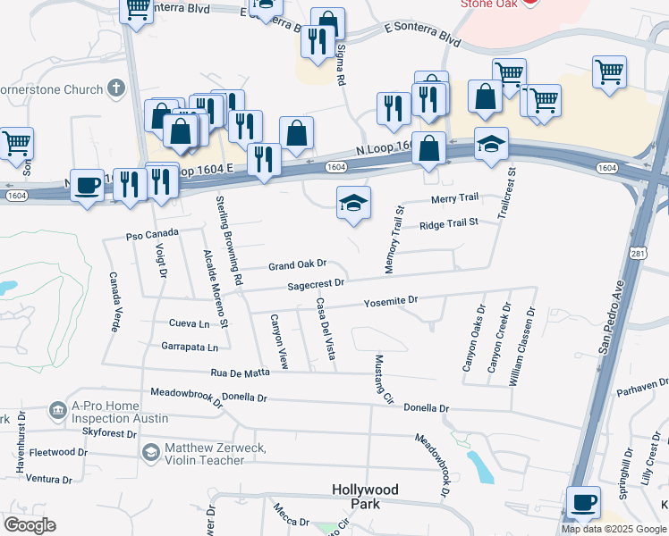 map of restaurants, bars, coffee shops, grocery stores, and more near 100 Grand Oak Drive in San Antonio