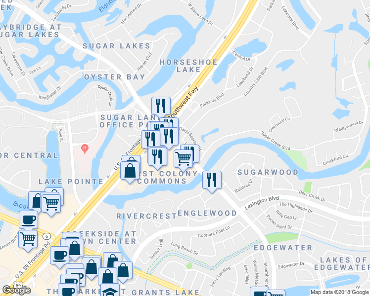 map of restaurants, bars, coffee shops, grocery stores, and more near 1543 Locke Lane in Sugar Land